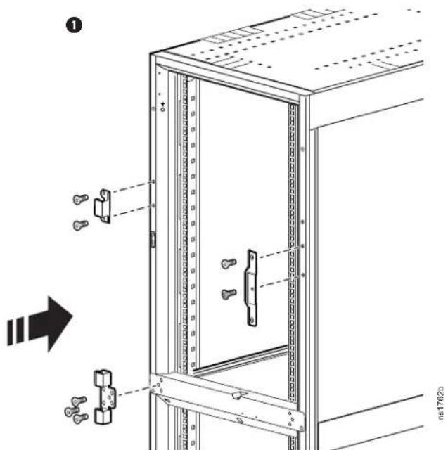Technical diagram of a server cabinet with labeled components and directional arrows indicating assembly or installation.