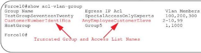 Force10#show acl-vlan-group Group Name Egress IP Acl Vlan Members TestGroupSeventeenTwenty SpecialAccessOnlyExperts 100,200,300 CustomerNumberIdentifica AnyEmployeeCustomerEleve 2-10,99 HostGroup Group5 1,1000 Force10# Truncated Group and Access List Names