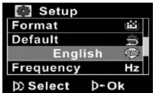 Setup Format Default English Frequency Hz Select D+Ok