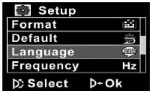 Setup Format Default Language Frequency Hz Select D+Ok