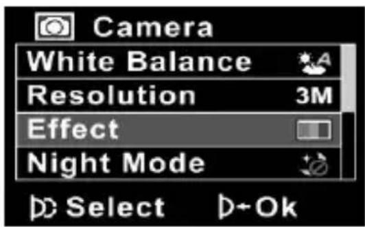 Camera White Balance Resolution 3M Effect Night Mode Select D+Ok