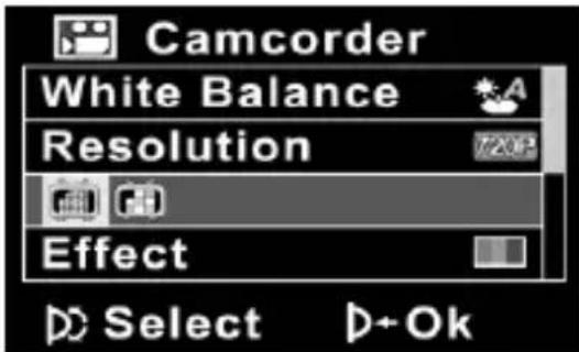 Camcorder White Balance Resolution Effect Select D+Ok