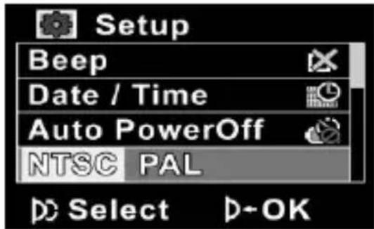 Setup Beep Date / Time Auto PowerOff NTSC PAL Select OK