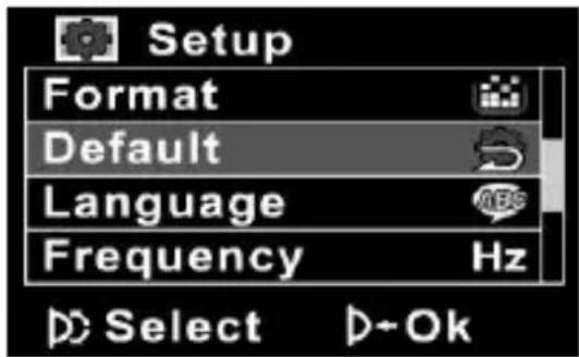 Setup Format Default Language Frequency Hz Select D+Ok