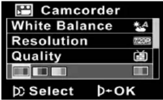 Camcorder White Balance Resolution 720P Quality Select D+OK