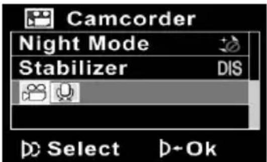 Camcorder Night Mode Stabilizer DIS Select + - Ok