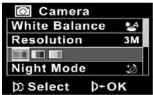 Camera White Balance Resolution 3M Night Mode Select OK
