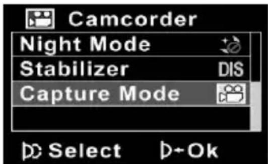 Camcorder Night Mode Stabilizer DIS Capture Mode Select D+Ok