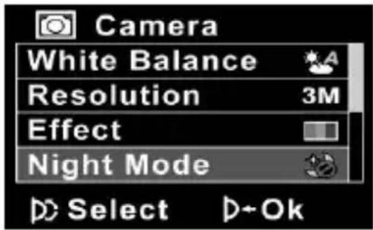 Camera White Balance Resolution 3M Effect Night Mode Select D-Ok