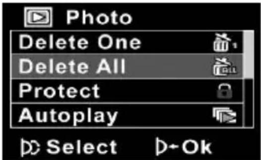 Photo Delete One Delete All Protect Autoplay Select +Ok