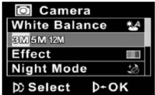Camera White Balance 3M 5M 12M Effect Night Mode Select D+OK