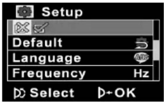 Setup Default Language Frequency Hz Select OK