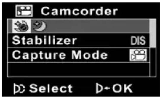 Camcorder Stabilizer DIS Capture Mode Select OK