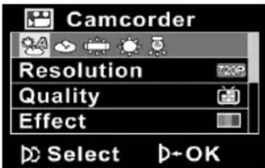 Camcorder Resolution 720P Quality Effect Select +OK