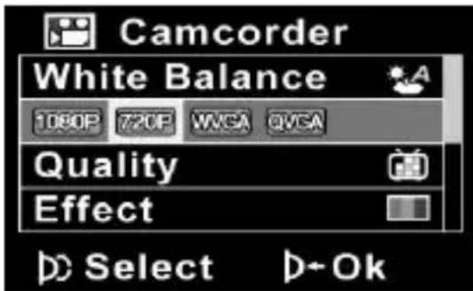 Camcorder White Balance 1080P 720P WWCA QVCA Quality Effect Select OK