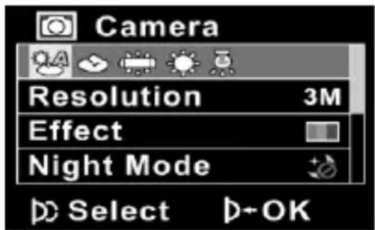 Camera Resolution 3M Effect Night Mode Select OK