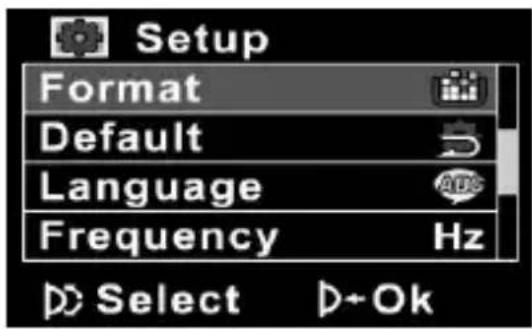 Setup Format Default Language Frequency Hz Select D+Ok