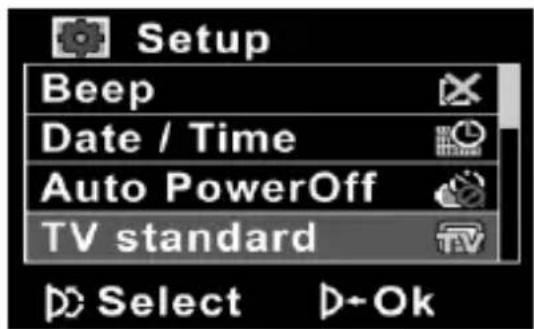 Setup Beep Date / Time Auto PowerOff TV standard Select D-Ok