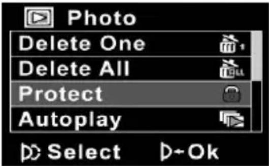 Photo Delete One Delete All Protect Autoplay Select +Ok