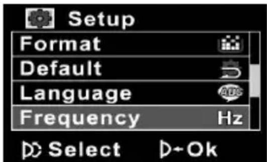 Setup Format Default Language Frequency Hz Select D+Ok
