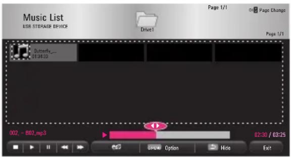 Music List USB STORAGE DEVICE Drive1 Page 1/1 Page Change Page 1/1 Butterfly... 02:34:33 002, - 802.mp3 02:30 / 03:25 e3 Option Hide Exit