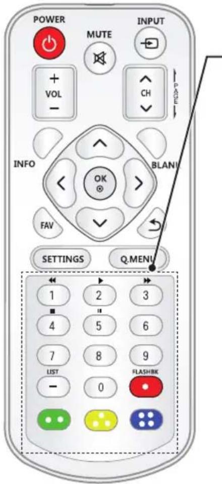 POWER MUTE INPUT + VOL - CH PAGE INFO BLAN1 OK FAV SETTINGS Q.MENU 1 2 3 4 5 6 7 8 9 LIST FLASHBK - 0