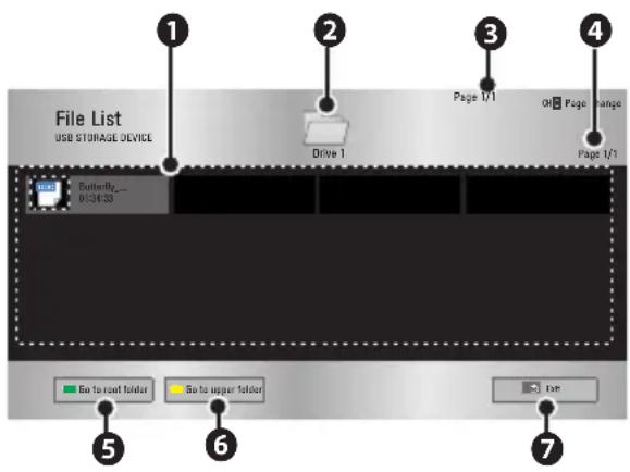 File List USB STORAGE DEVICE 1 2 Drive 1 3 Page 1/1 4 On Page Range Page 1/1 5 6 7 Go to root folder Go to upper folder Off