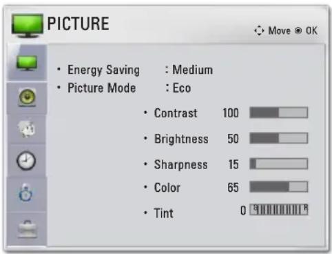 PICTURE • Energy Saving : Medium • Picture Mode : Eco • Contrast 100 • Brightness 50 • Sharpness 15 • Color 65 • Tint 0