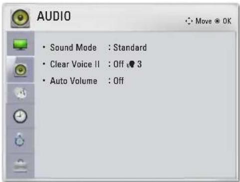 AUDIO • Sound Mode : Standard • Clear Voice II : Off 3 • Auto Volume : Off