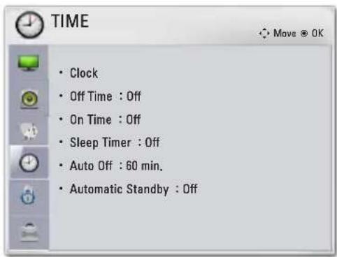 TIME Clock Off Time : Off On Time : Off Sleep Timer : Off Auto Off : 60 min. Automatic Standby : Off