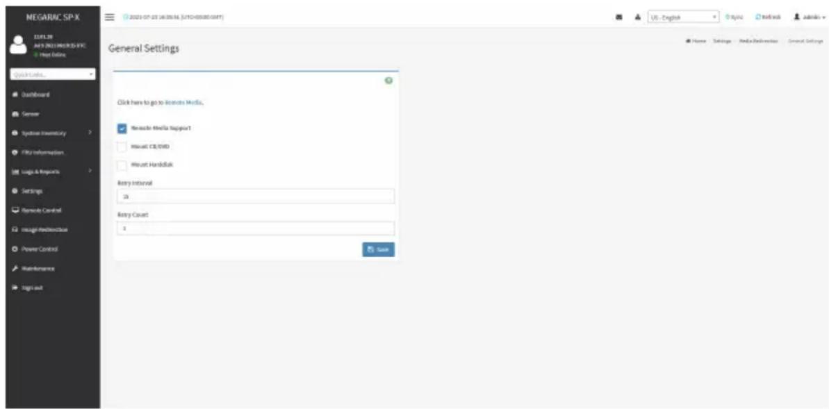 MEGARAC SP-X 12.01.28 MAY 2023 MEGARAC SP-X File Online Quick Links... Dashboard Server Syncbase inventory File information Logic & Resources Settings Remode Central Insight Audiovisual Power Control Maintenance Tags out General Settings Click here to go to license Media. Measures Media TapgedT Visual CE/DVD Visual Handbitik Back Event 26 Back Count 3 Save Home Settings Media Delivery General Settings