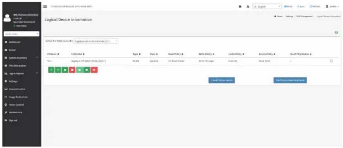 LOGICAL DEVICE INFORMATION Select the RAI5 Controller: Logical Site:0336-CPNCA48 (2017) L3 Name 2 Contorion 2 Type 2 State 2 Read Policy 2 Write Policy 2 Cache Policy 2 Access Policy 2 Next Play Services 2 Total: Logical Site:0336-CPNCA48 (2017) RJ/0336 Digital New Read Interface Write Through Direct To Go Read Account 1 Create Virtual Devices Next Panel Real Operations