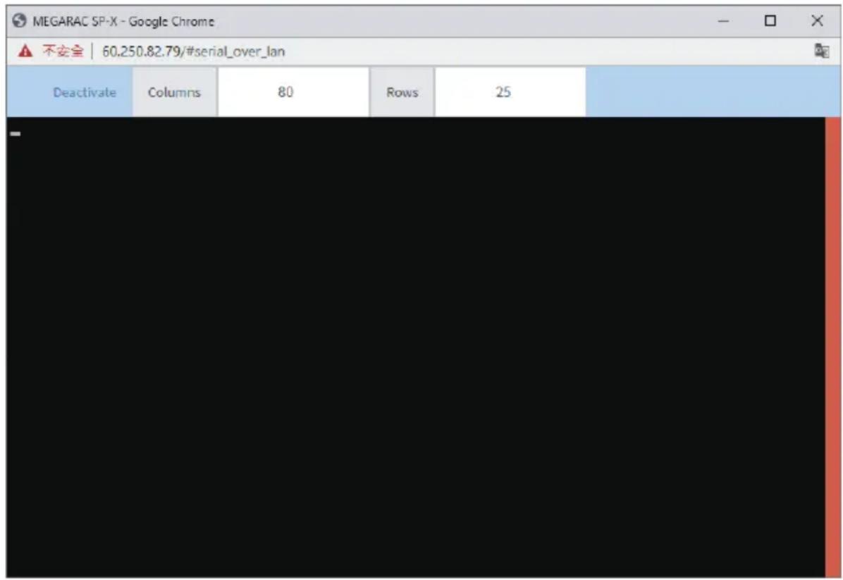 MEGARAC SP-X - Google Chrome ▲ 不安全 | 60.250.82.79/#serial_over_lan Deactivate Columns 80 Rows 25