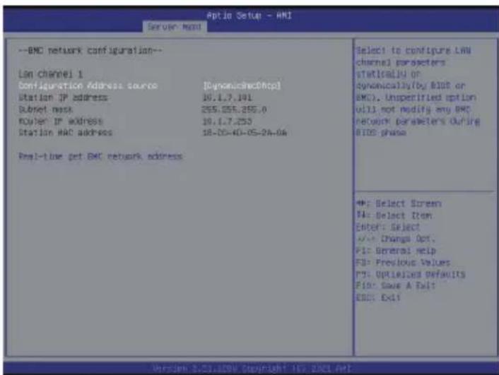 Optio Setup - ANI Server Mount --BNC network configuration-- LAN channel 1 Configuration Address source [Dynomus@http] Station IP address 10.1.7.191 Subnet mask 255.255.255.0 Router IP address 10.1.7.253 Station MAC address 18-05-40-05-24-06 Real-time get BNC network address Select to configure LAN channel parameters statically or dynomusically(by BID or BMC). Unspecified option will not modify any BNC network parameters during BIOS phase +: Select Screen PA: Select Item Enter: Select +/- Change Opt. PI: General Help FD: Previous Values P5: Options/Default P10: Save A Fail EWS: Exit