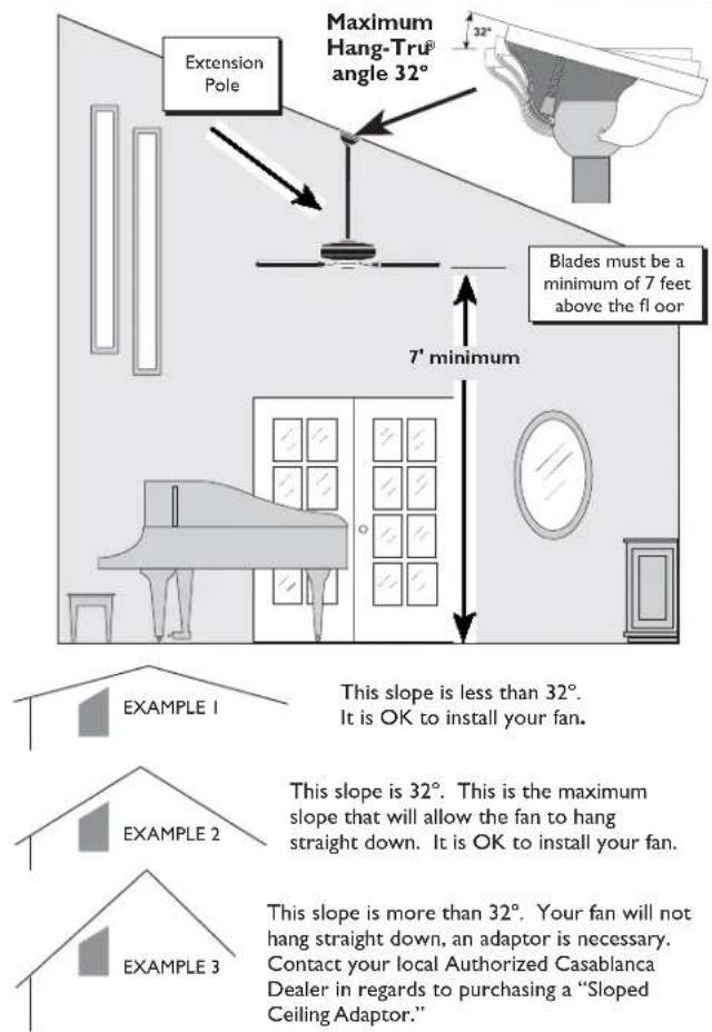 Extension Pole Maximum Hang-Tri® angle 32° Blades must be a minimum of 7 feet above the floor 7' minimum EXAMPLE 1 This slope is less than 32°. It is OK to install your fan. EXAMPLE 2 This slope is 32°. This is the maximum slope that will allow the fan to hang straight down. It is OK to install your fan. EXAMPLE 3 This slope is more than 32°. Your fan will not hang straight down, an adaptor is necessary. Contact your local Authorized Casablanca Dealer in regards to purchasing a "Sloped Ceiling Adaptor."