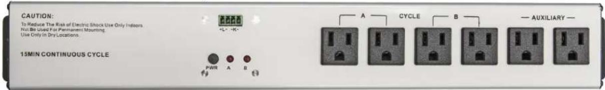 CAUTION: To Reduce The Risk of Electric Shock Use Only Indiors. Must Be Used Fair Permanent Mounting. Use Only in Dry Locations. 15MIN CONTINUOUS CYCLE A CYCLE B — AUXILIARY — PWR A B