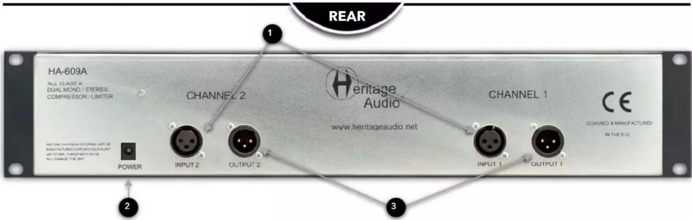HA-609A ALL CLASS A DUAL MONO / STEREO COMPRESSOR / LIMITER CHANNEL 2 H Heritage Audio www.hertageaudio.net CHANNEL 1 CE DESIGNED & MANUFACTURED IN THE EU POWER INPUT 2 OUTPUT 2 INPUT 1 OUTPUT 1 REAR 2 3