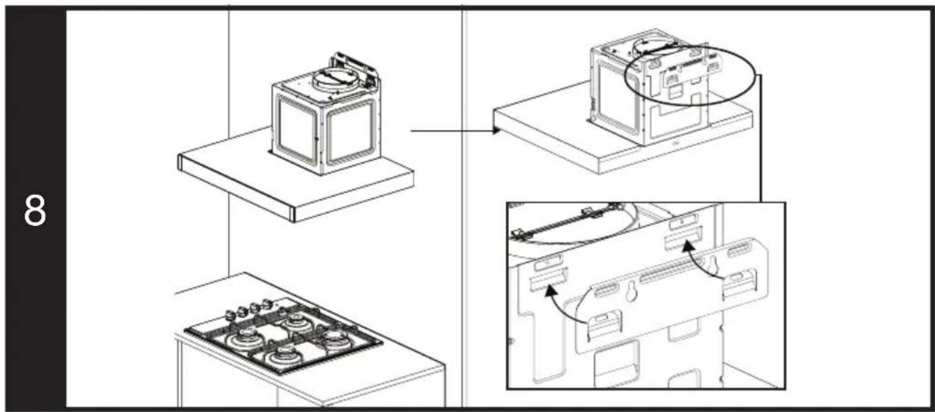 Technical diagram showing four steps of a gas stove installation with labeled components and directional arrows indicating motion.