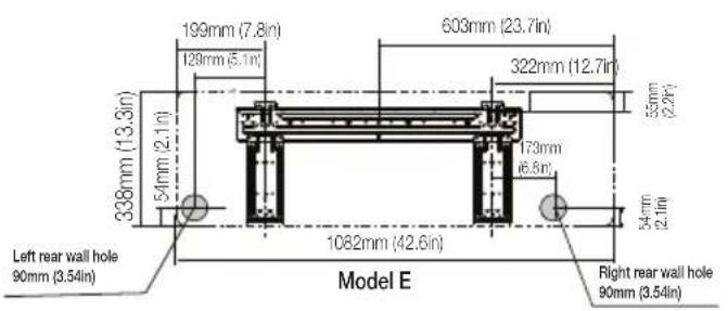 199mm (7.8in) 603mm (23.7in) 322mm (12.7in) 338mm (13.3in) 54mm (2.1in) 55mm (2.9in) 173mm 46.8in 34mm (2.1in) 338mm (13.3in) 1082mm (42.6in) Left rear wall hole 90mm (3.54in) Model E Right rear wall hole 90mm (3.54in)