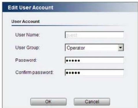 Edit User Account User Account User Name: guest User Group: Operator Password: •••••• Confirm password: •••••• OK Cancel