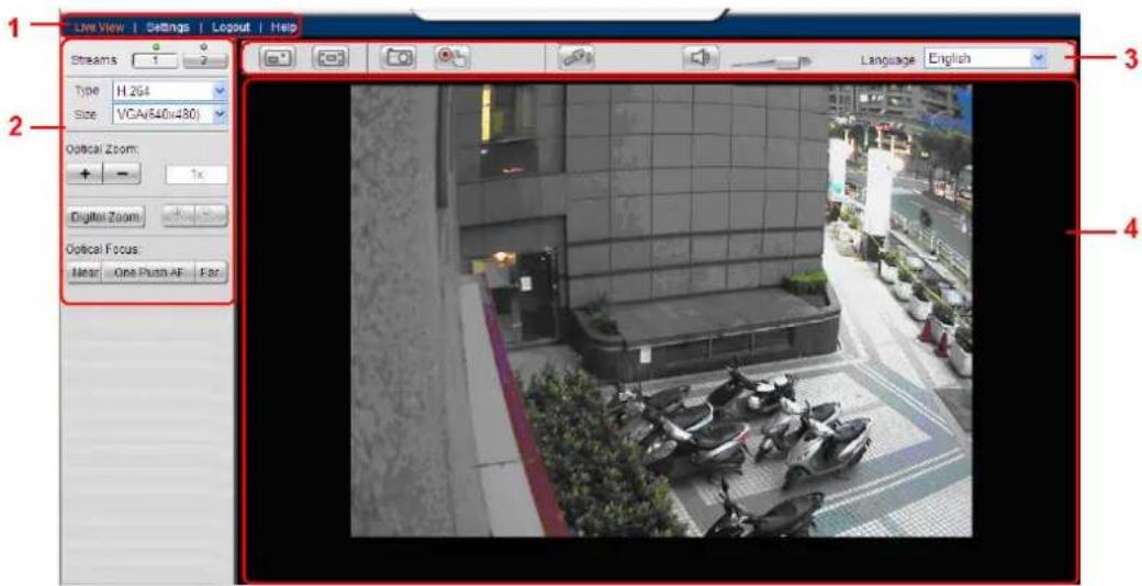 Live View | Settings | Logout | Help Streams 1 2 Type H.264 Size: VGA(540(480)) Optical Zoom: + - 1x Digital Zoom Optical Focus: Near One Push AF Far Language English 3 4
