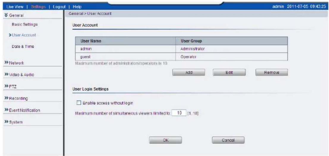 Live View | Settings | Logout | Help General > User Account User Account User Name User Group admin Administrator guest Operator Madnum number of administrators/operators is 10 Add Edit Remove User Login Settings Enable access without login Madnum number of simultaneous viewers limited to 10 [1..10] OK Cancel