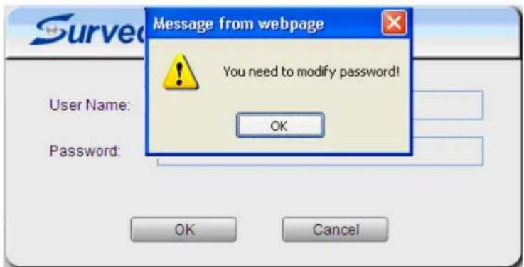 Message from webpage You need to modify password! OK User Name: Password: OK Cancel