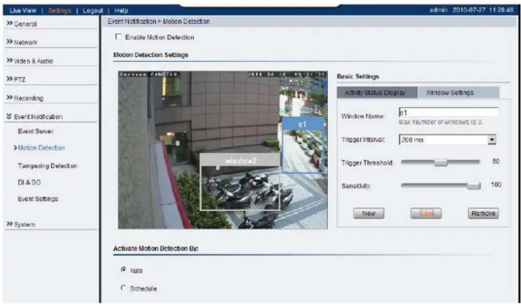 Live View | Settings | Logout | Help Event Notification > Motion Detection Enable Motion Detection Motion Detection Settings Event Notification > Motion Detection Sur Room CAM108 2018 04 1A 05 17 27 Event Server Motion Detection Tampering Detection DI & DO Event Settings System Basic Settings Activity Status Display Window Settings Window Name: e1 Max Number of windows is 3. Trigger Interval: 200 ms Trigger Threshold: 50 Sensitivity: 100 New Save Remove Activate Motion Detection By: Auto Schedule 2010-07-27 11:28:48