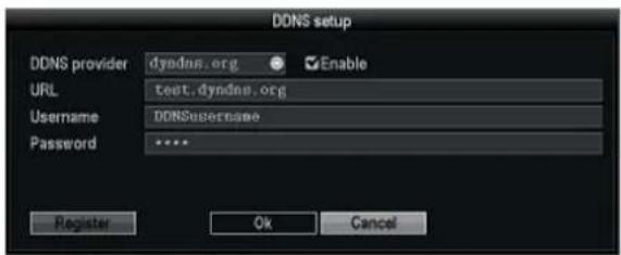 DDNS setup DDNS provider dyndns.org Enable URL text.dyndns.org Username DDNSusername Password ***** Register Ok Cancel