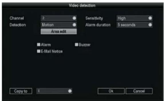 Video detection Channel 2 Detection Motion Area edit Sensitivity High Alarm duration 5 seconds Alarm Buzzer E-Mail Notice Copy to 1 Ok Cancel