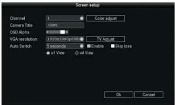 Screen setup Channel 1 Color adjust Camera Title CAN1 OSD Alpha VGA resolution 1920x3080p608 TV Adjust Auto Switch 5 seconds Enable Skip loss ● x1 View ○ x4 View Ok Cancel