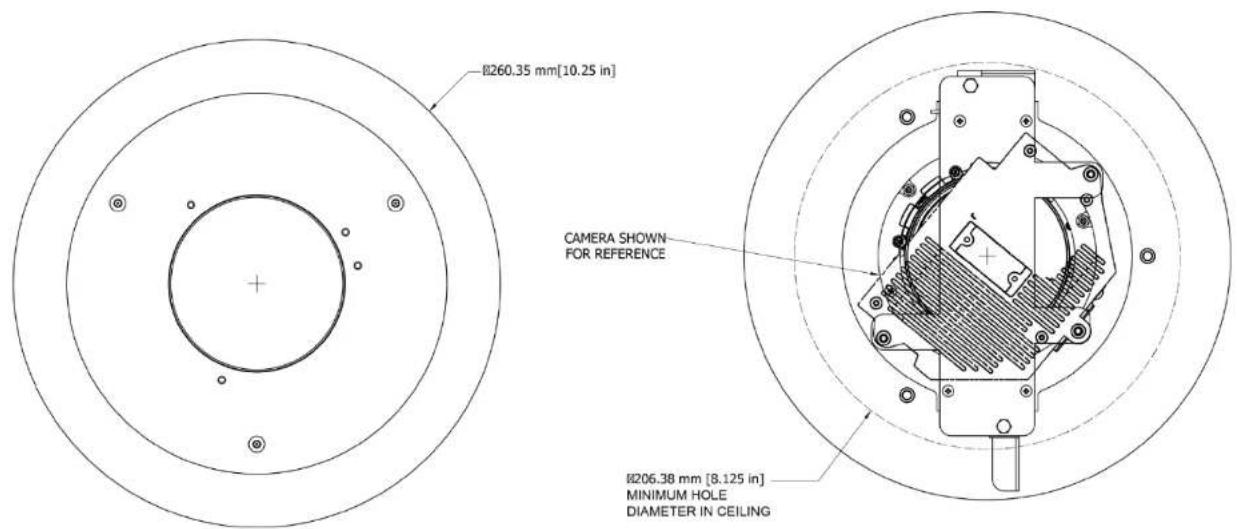 Ø260.35 mm[10.25 in] CAMERA SHOWN FOR REFERENCE Ø206.38 mm [8.125 in] MINIMUM HOLE DIAMETER IN CEILING
