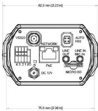 62.0 mm [3.23 in] VIDEO NETWORK AUTO IRIS 4 3 2 1 V0 PvE LINE IN OUT MIC IN MICRO SD DC 12V 75.8 mm [2.98 in]