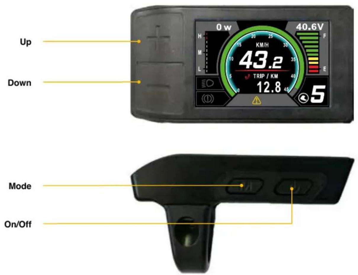 Up Down 0 w 40.6V H 20 25 30 15 KM/H 35 M L 43.2 TRIP / KM 40 12.8 45 5 Mode On/Off